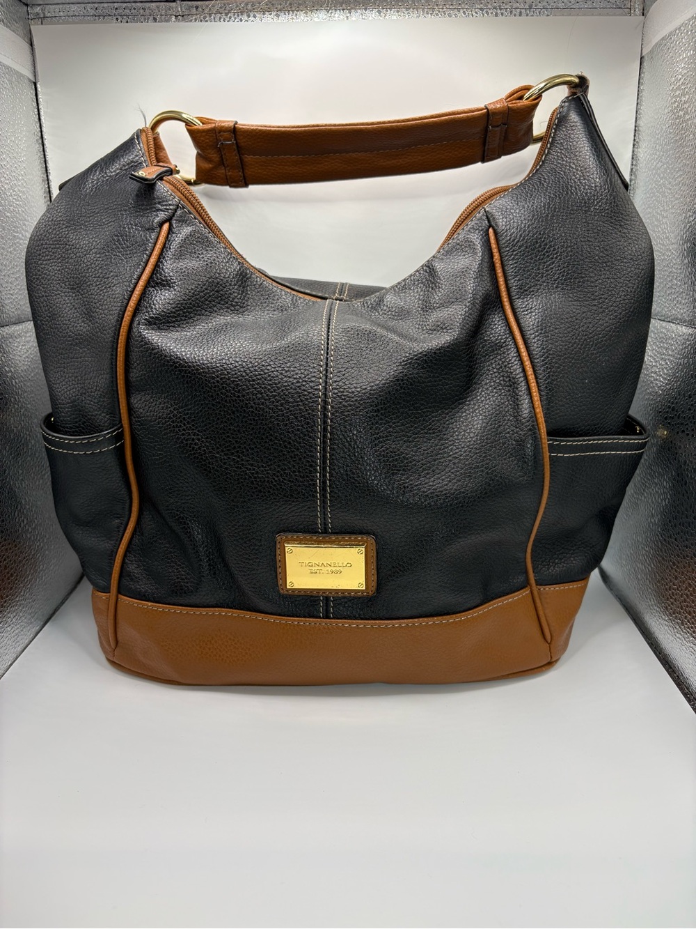 Tignanello Black with Brown Trim Leather Hobo